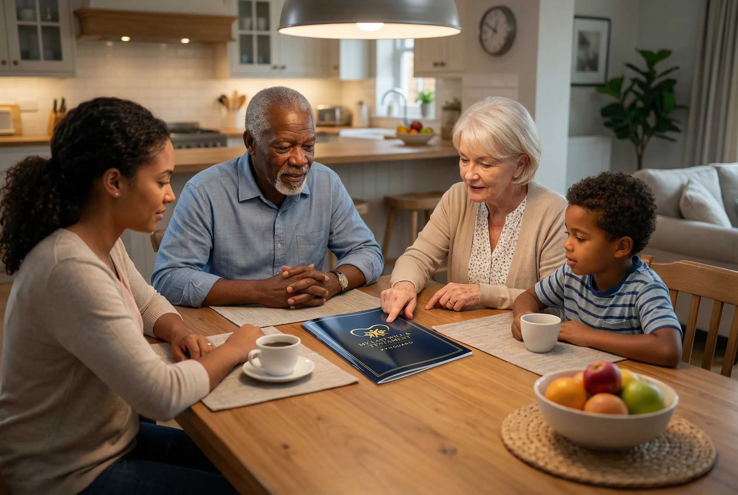 Family reviewing their will documents together
